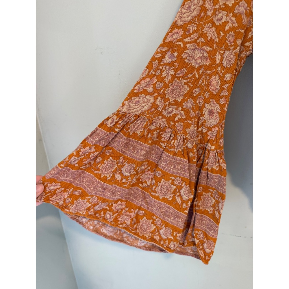 American Eagle Floral Tie Front Bell Sleeve Crop Top Rust Orange Boho Womens M - Picture 4 of 8